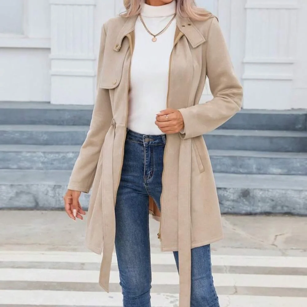 Chic Beige Belted Zip Coat Dress | Structured Minimalist | Size L - Picture 2 of 5